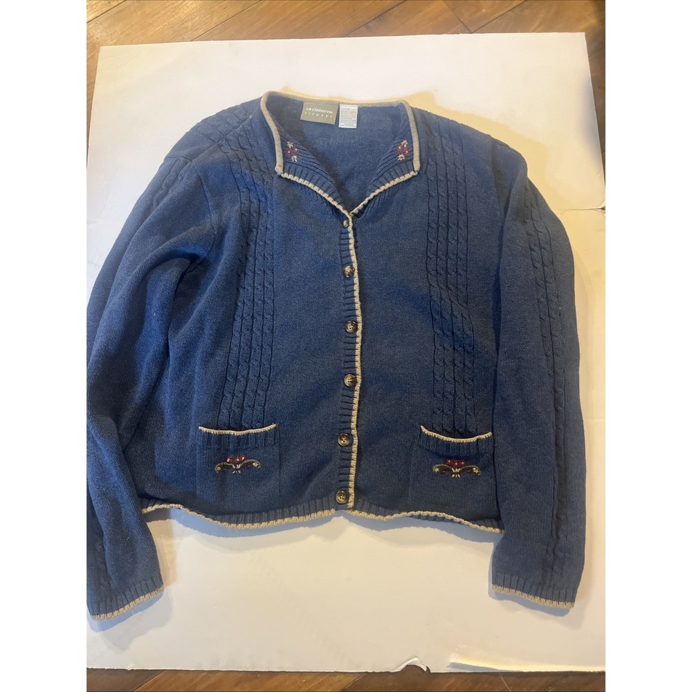 Liz Claiborne Ladies Sweater Flowers Granny Cottage Core comfy button up L